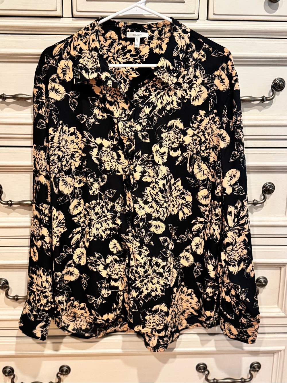 Maurices Black Button-Front Blouse with Cream Floral Print